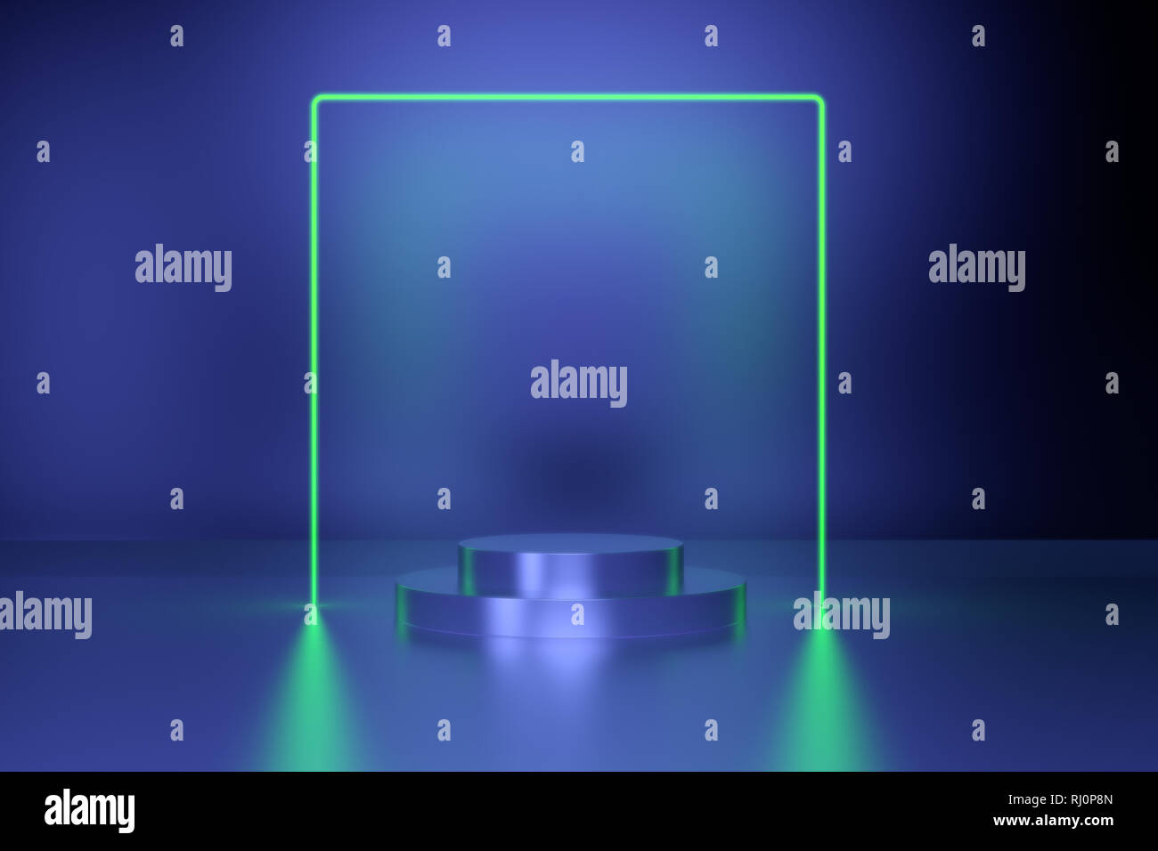 Linee incandescente, luci al neon, realtà virtuale, sfondo astratto, portale di quadrati, Arco, Rosa verde dello spettro di colori vibranti, laser show. Il rendering 3d. Foto Stock