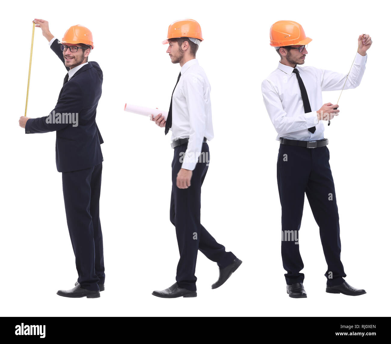 In piena crescita .ingegnere qualificato architetto isolato su bianco Foto Stock