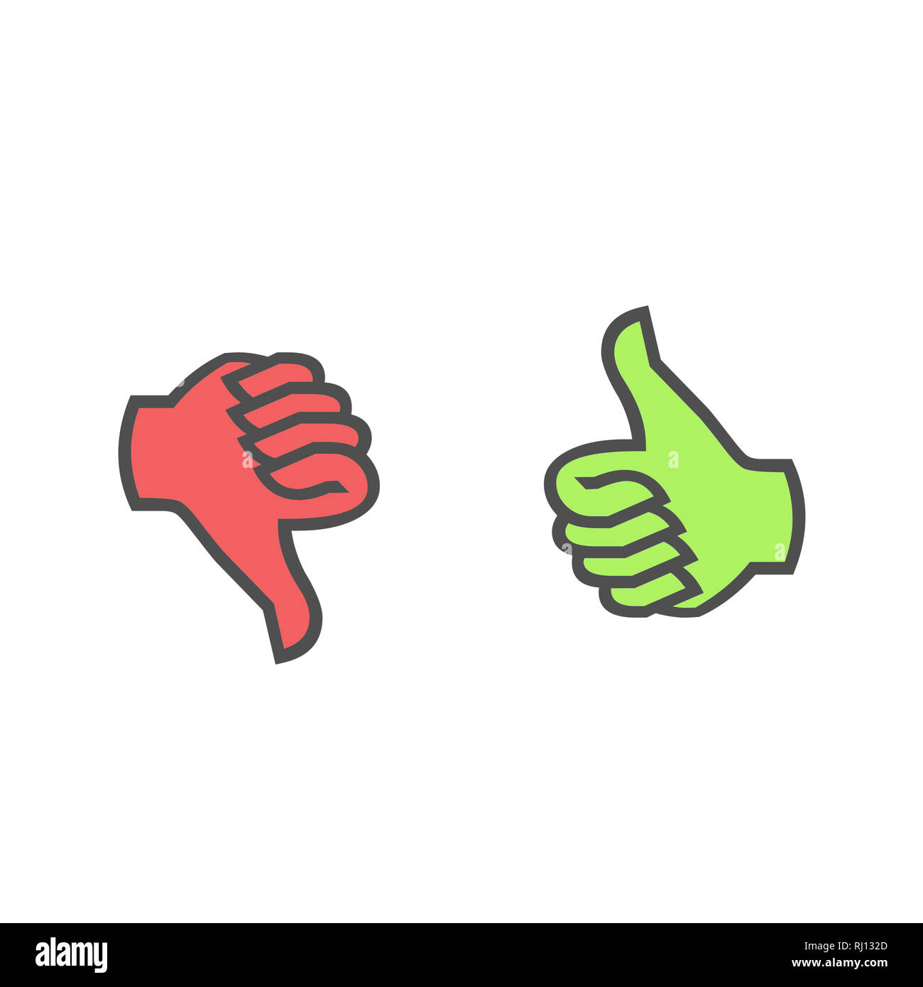 Thumbs up thumbs down positivo voto negativo come e antipatia isolati su sfondo bianco Foto Stock