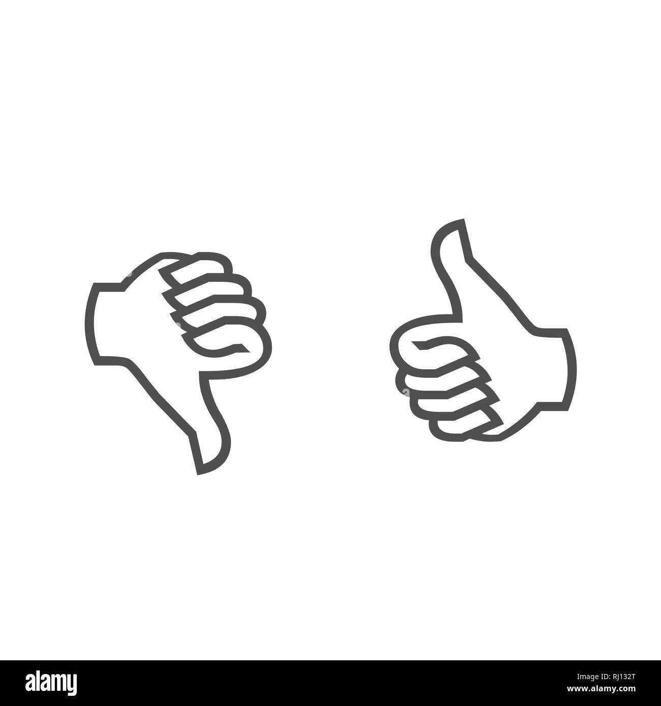 Thumbs up thumbs down positivo voto negativo come e antipatia isolati su sfondo bianco Foto Stock