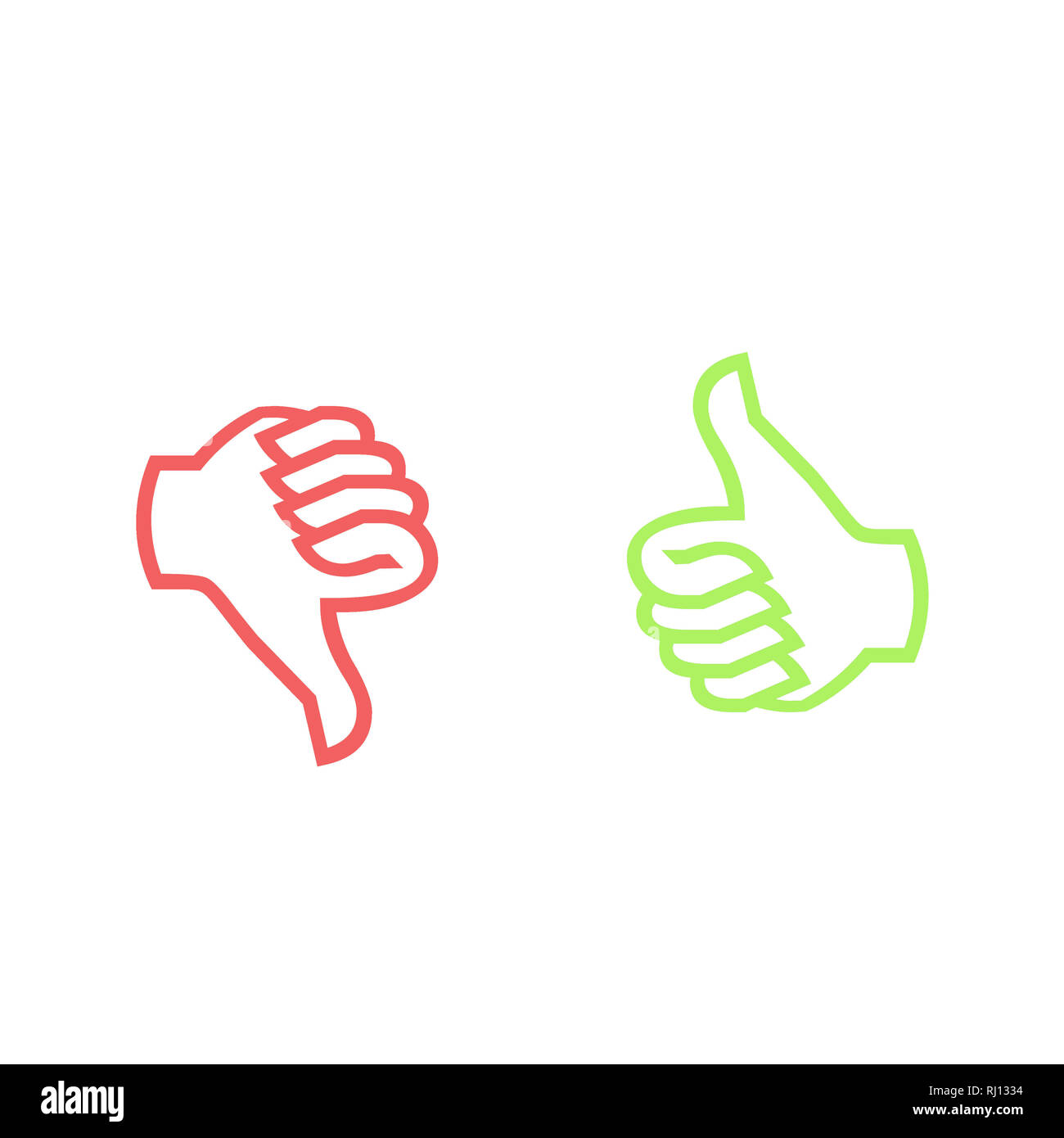 Thumbs up thumbs down positivo voto negativo come e antipatia isolati su sfondo bianco Foto Stock