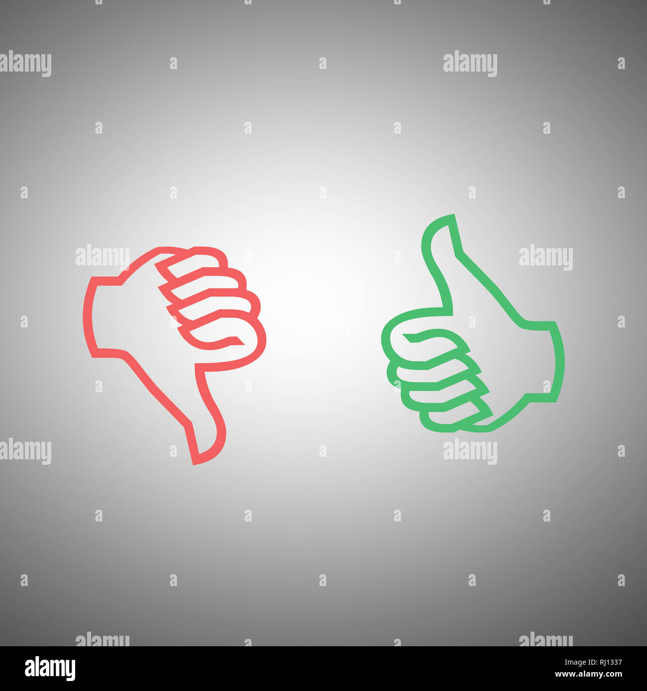 Thumbs up thumbs down positivo voto negativo come e antipatia isolati su sfondo bianco Foto Stock