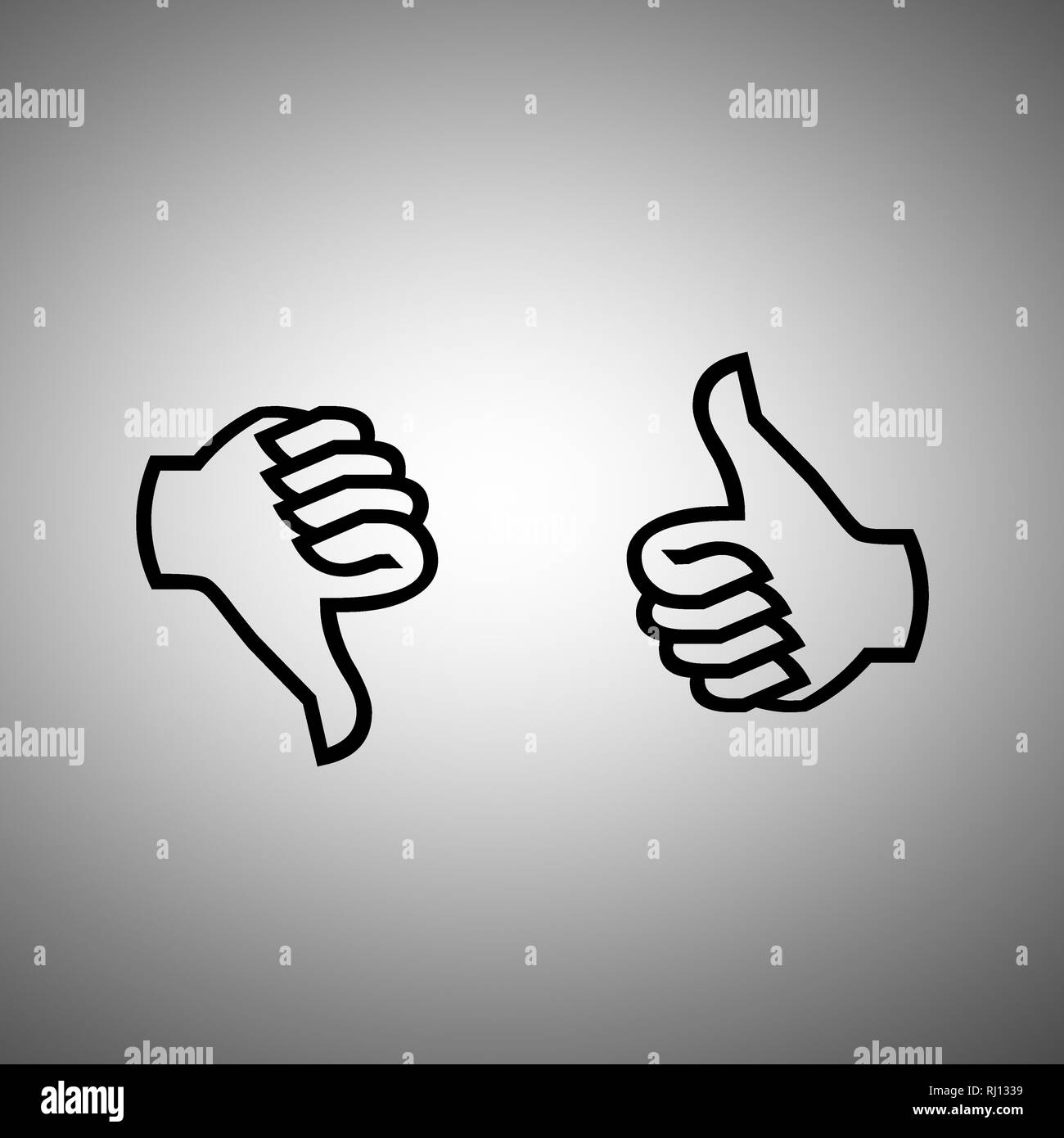 Thumbs up thumbs down positivo voto negativo come e antipatia isolati su sfondo bianco Foto Stock