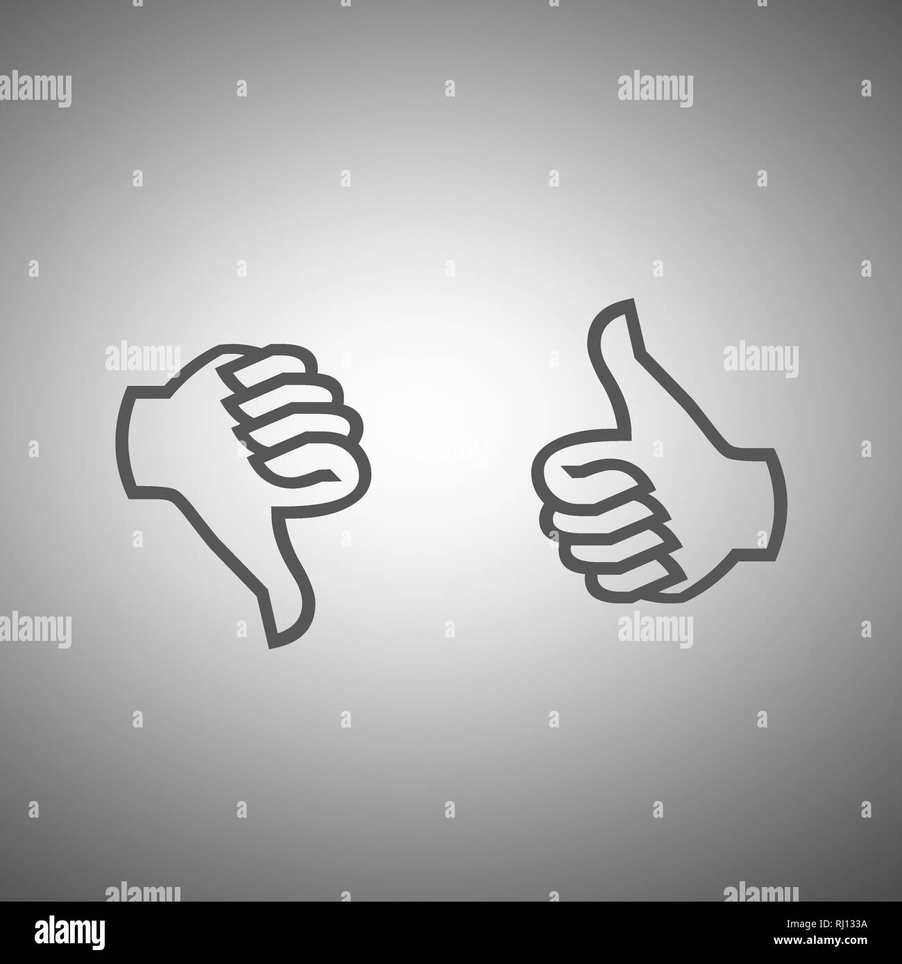 Thumbs up thumbs down positivo voto negativo come e antipatia isolati su sfondo bianco Foto Stock