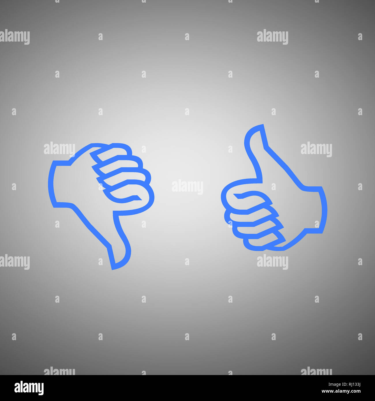 Thumbs up thumbs down positivo voto negativo come e antipatia isolati su sfondo bianco Foto Stock