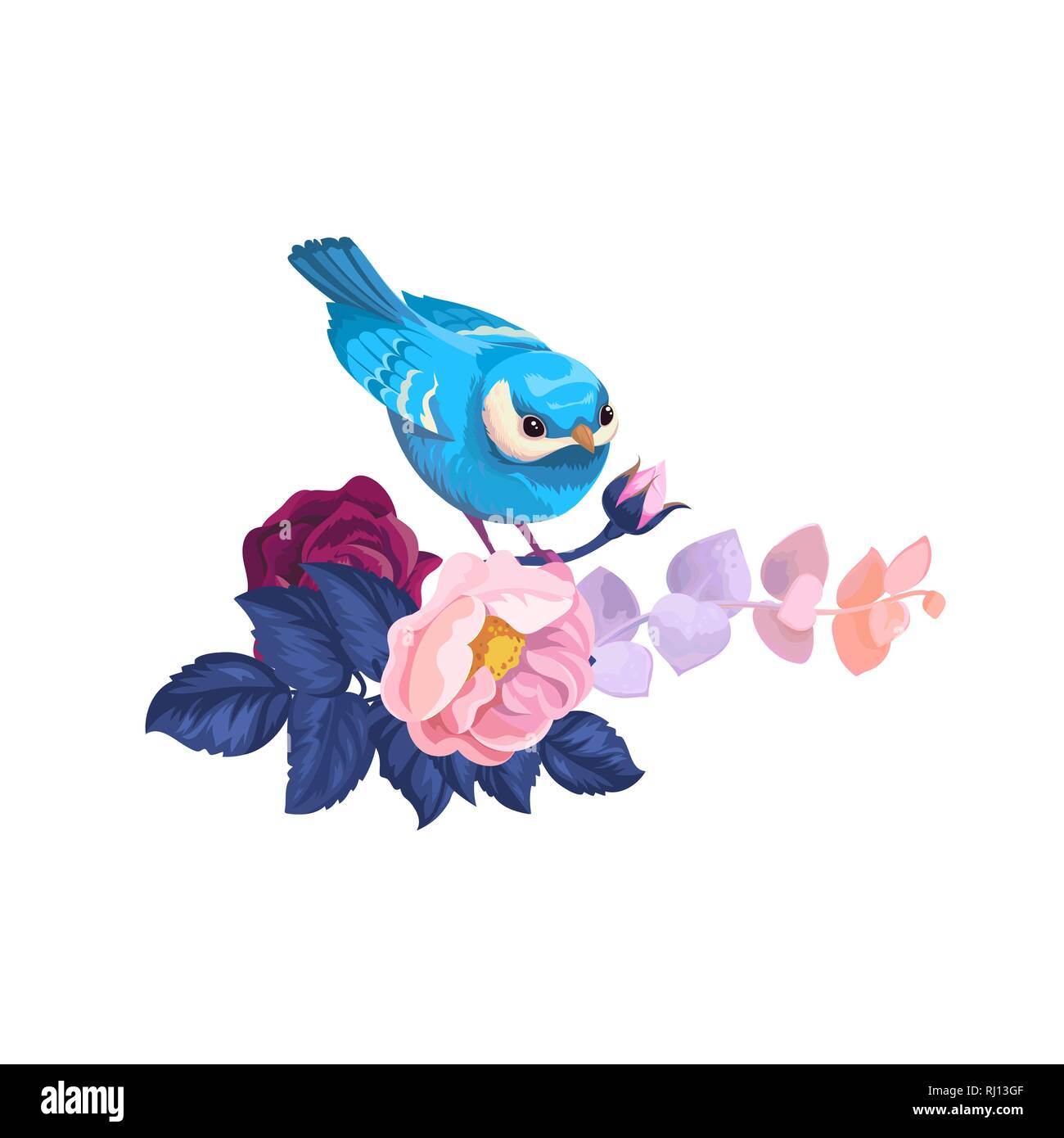 La molla uccello sul ramo di Fiori Illustrazioni ad acquerello. Estate floreali Bouquet astratta con foglie di colore blu e l'usignolo. Romantico ramoscello Blossom piatto di sfondo Illustrazione Vettoriale