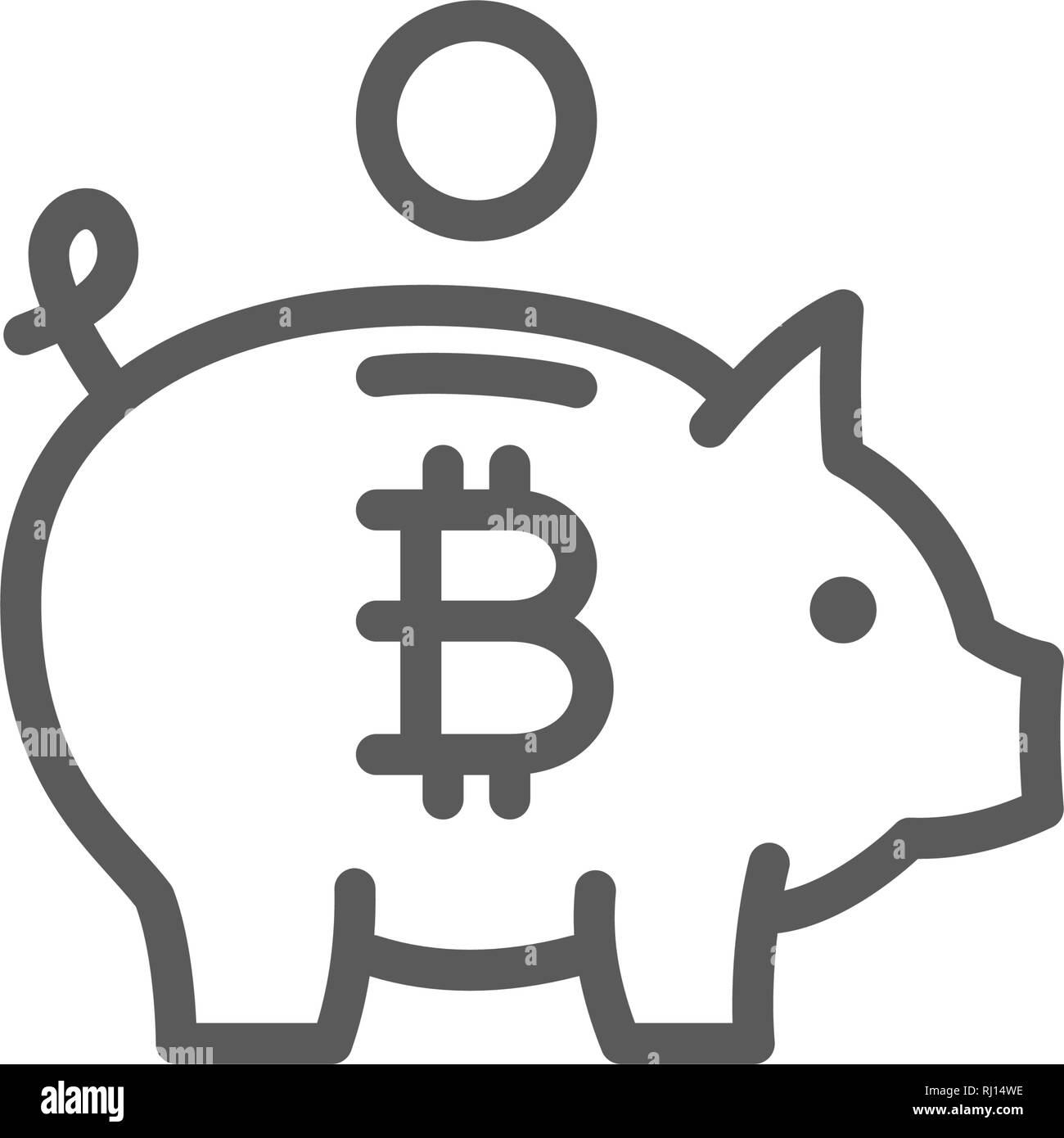 Salvadanaio con bitcoin, cryptocurrency, crypto coin icona linea. Illustrazione Vettoriale