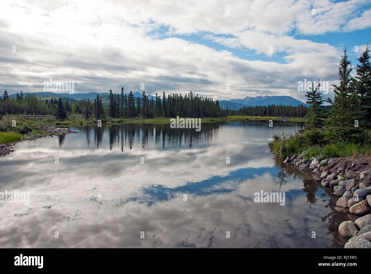 Tranquillo Lago di riflessione, Alaska Foto Stock