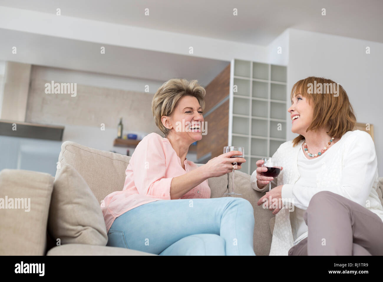 Allegro coppia amici con wineglasses seduti sul divano di casa Foto Stock