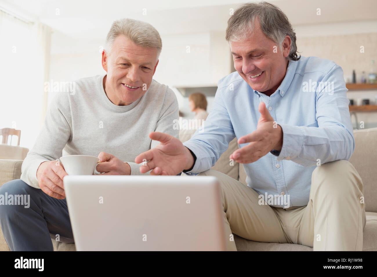 Sorridente uomini maturi utilizzando laptop stando seduti a casa Foto Stock