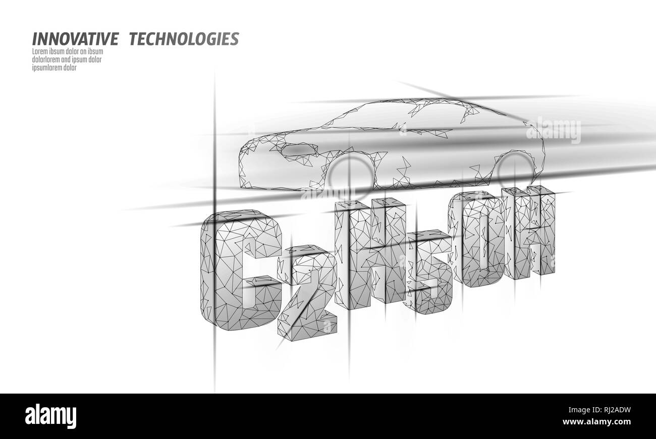 Etanolo formula i biocarburanti auto. Ecologia scienza C2H5OH chimica biotecnologia concetto eco. Fonti biorefinery gas organici 3D Rendering poligonale Illustrazione Vettoriale