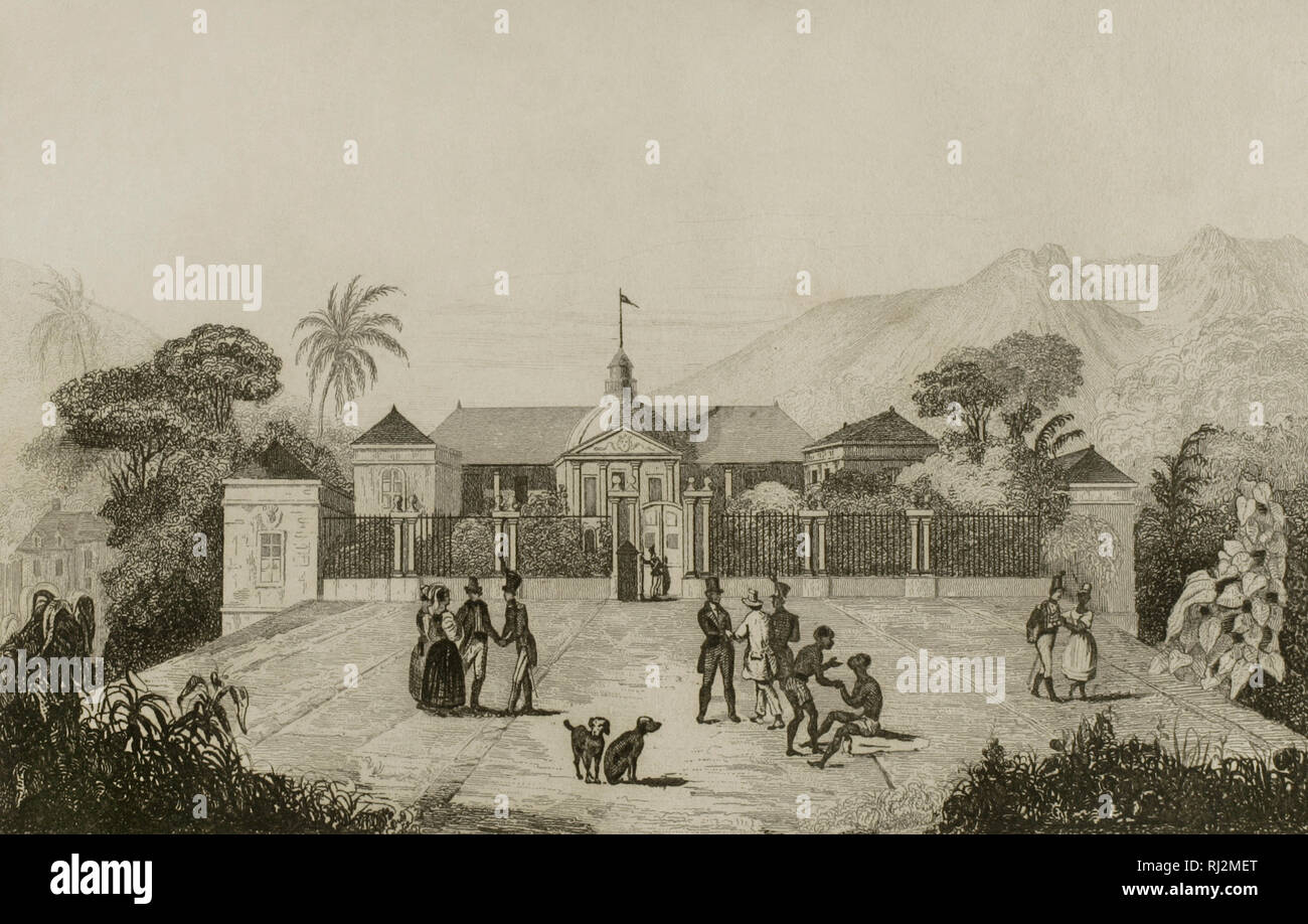 Isola di Borbone. Palazzo del Governatore in Saint-Denis. Questa isola è stata occupata dalla Francia nel 1638. Louis XIII decretò che era chiamato Isola Borbone dal nome della dinastia regale. Incisione. Panorama universale. La storia delle isole del Madagascar, Bourbon e Maurizio, 1850. Foto Stock