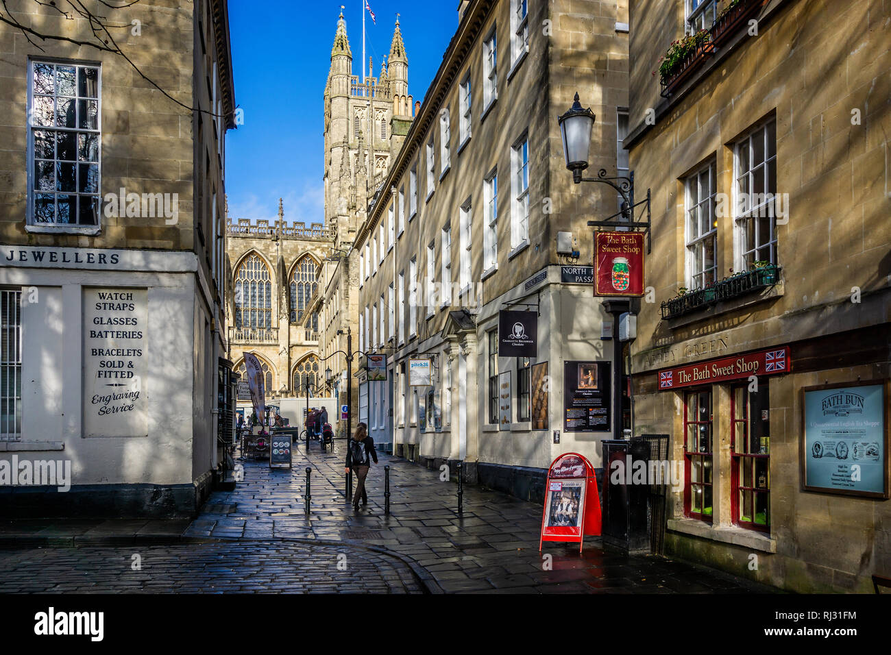 Vista della Abbazia di Bath da Abbey verde in bagno, Somerset, Regno Unito il 4 febbraio 2019 Foto Stock