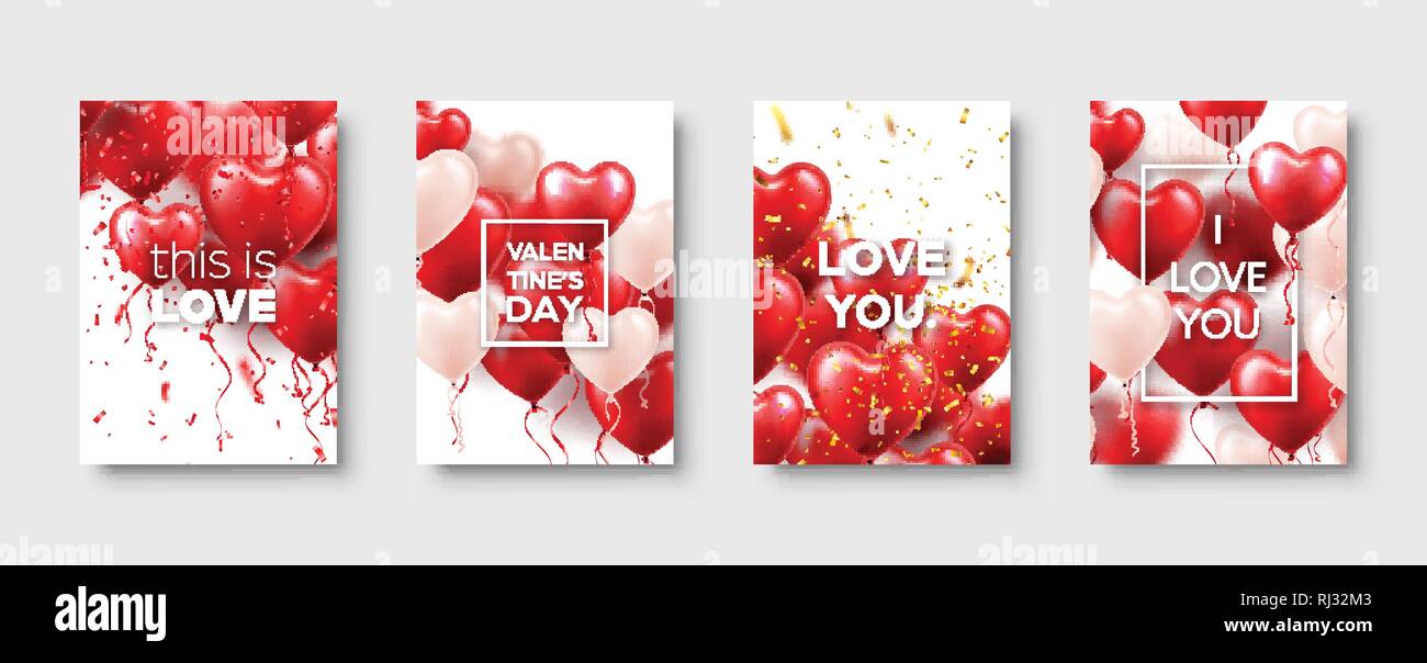 Valentines madri giorno moderno astratto modello di carta di un poster o un banner con cuore rosso palloncini. Matrimonio romantico amore sfondo. Set di vettore. Illustrazione Vettoriale