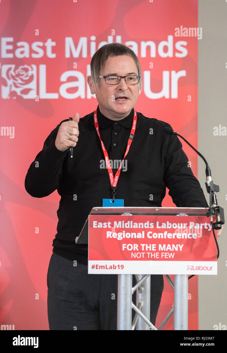 Lee Barron segretario regionale per le Midlands TUC parlando all'East Midlands Partito Laburista 2019 conferenza di Nottingham, Regno Unito Foto Stock