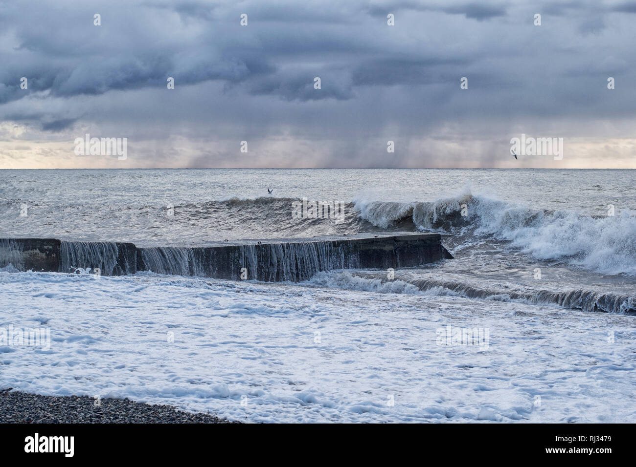 Seascape con un molo di cemento durante una tempesta di pioggia con battenti gabbiani Foto Stock