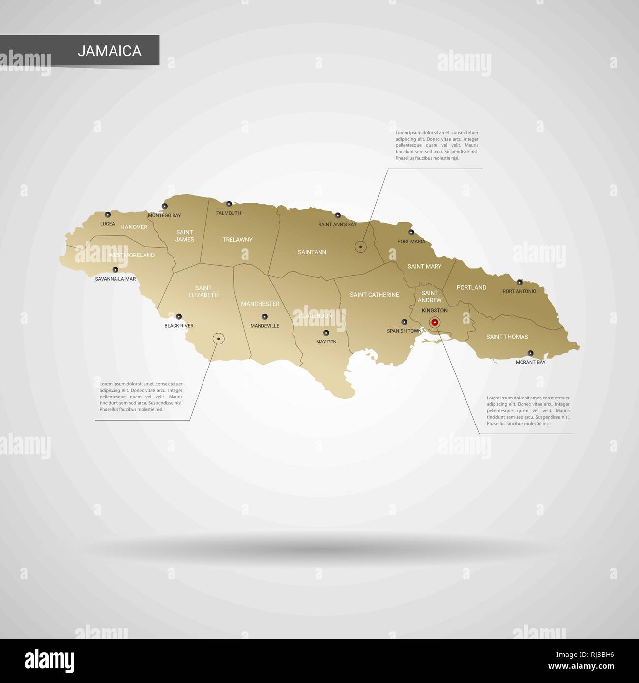 Vettore stilizzati Giamaica mappa. Una infografica 3d oro illustrazione mappa con le città, le frontiere, il capitale e le divisioni amministrative e il puntatore di marchi, ombra; Illustrazione Vettoriale