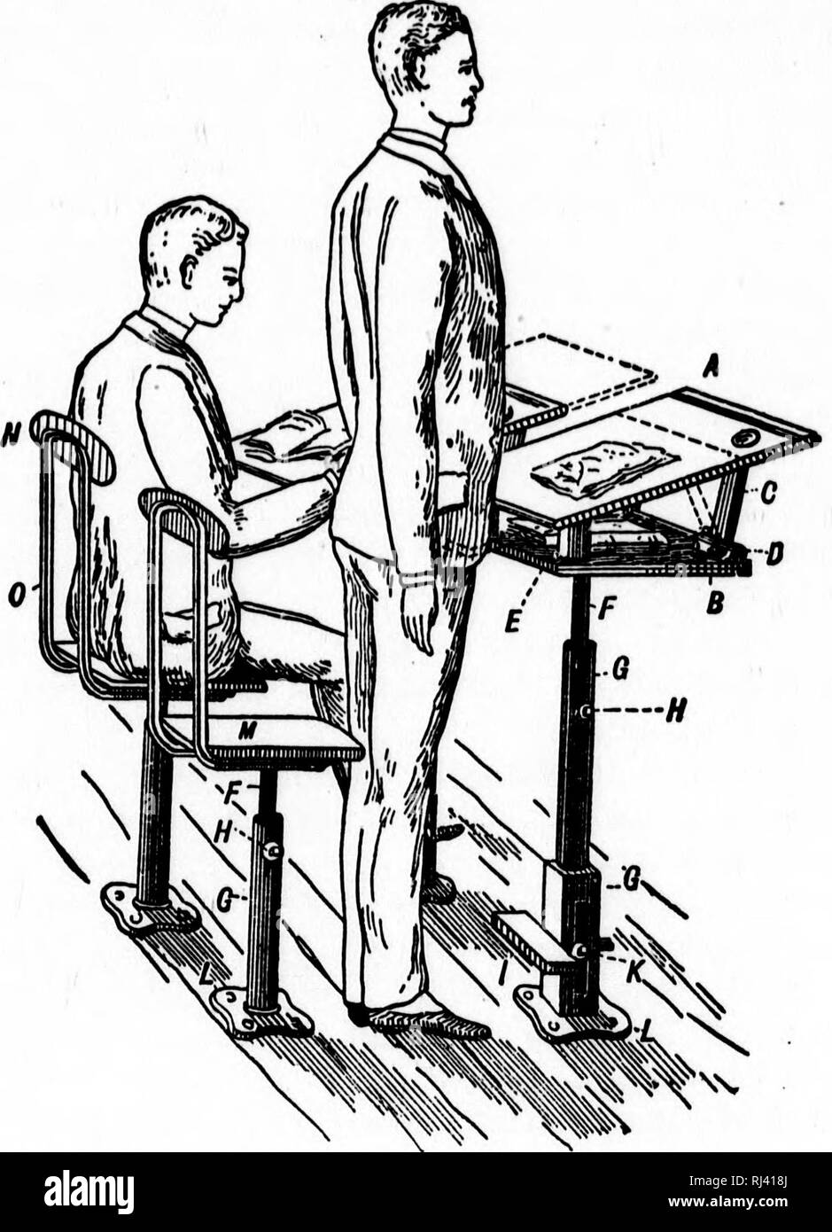 . Scuola pubblica la fisiologia e la temperanza [microformati]. Fisiologia; sistema nervoso; primo aiuto in malattie e infortuni; Physiologie; Nerveux, Système; Premiers soins. 86 FISIOLOGIA E TEMPEKANCI. I f o inclinare da un lato o dall'altro, o piegarsi troppo muoh quando la lettura e la scrittura o in altri lavori. Kound spalle curve e spine sono troppo spesso il risultato di bambini. La Fia. 18.-sedile regolabile e scrivania, quest'ultimo con aUding top. essendo lasciata cadere in tali posizioni come queste. Molto spesso è a causa di guasto scrivanie. Se una scrivania è troppo bassa provoca un avanzamento stoop. Se troppo hisfh, sho Foto Stock