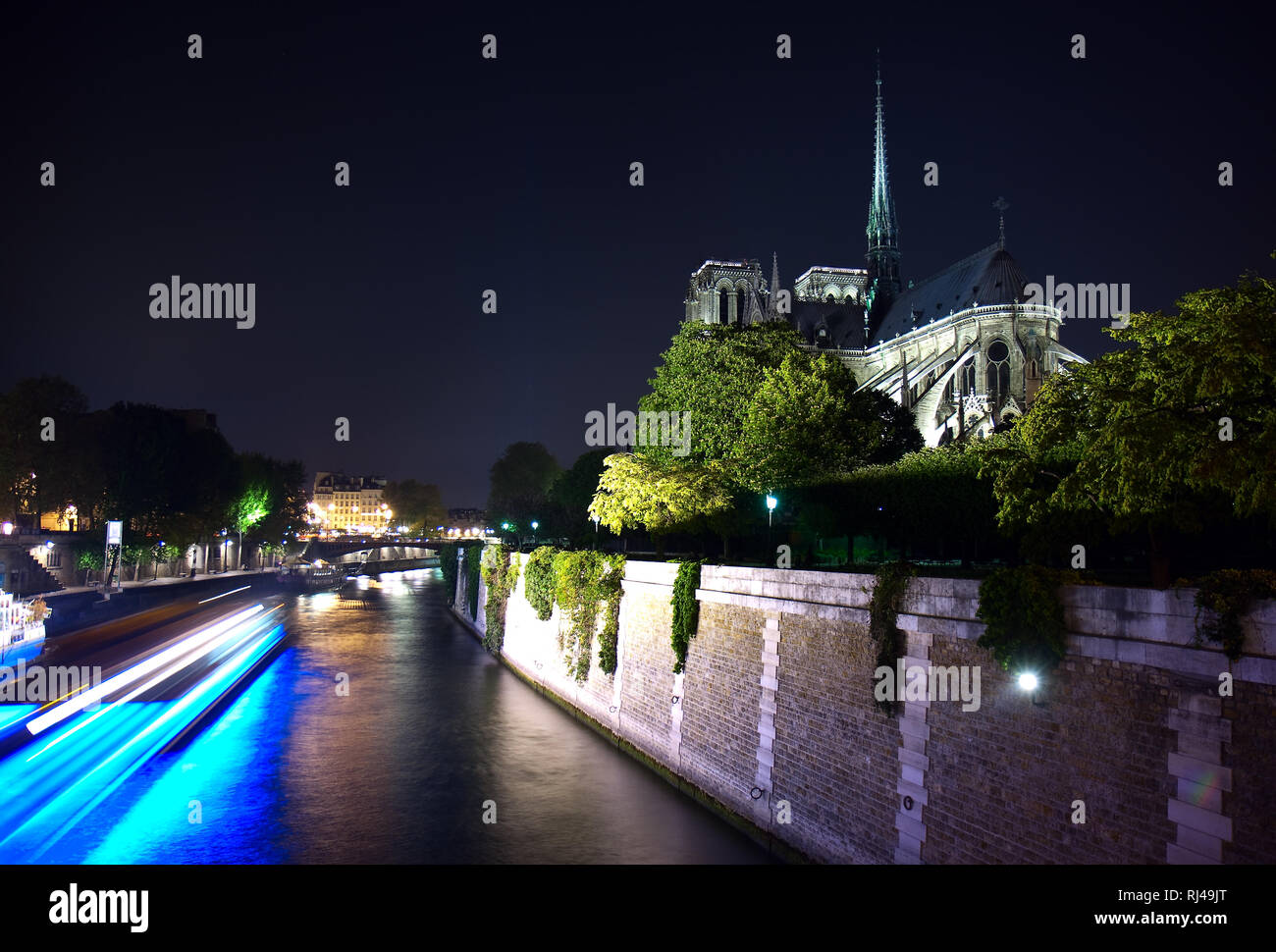 Esposizione lunga notte foto della cattedrale di Notre Dame e il Fiume Senna con la sfocatura di passaggio di un tour in barca. Foto Stock