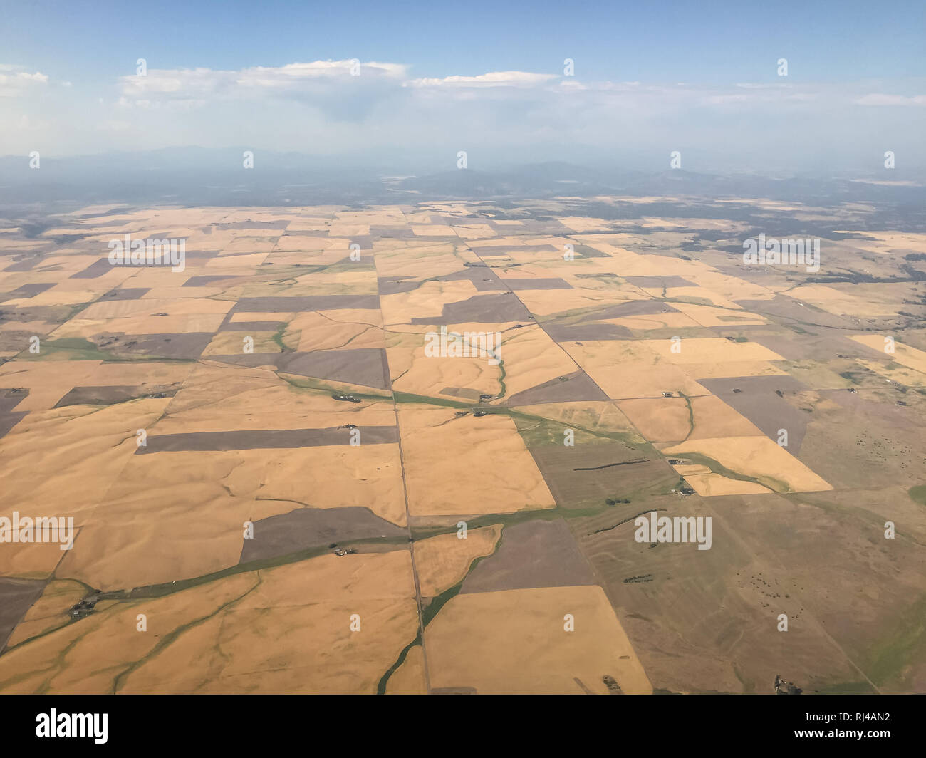 Una vista aerea mostra un mosaico di campi agricoli, probabilmente terreni agricoli, con varie sfumature di marrone e verde, che indicano diverse colture o stadi di crescita. I campi sono suddivisi in forme geometriche, suggerendo una coltivazione organizzata. In lontananza, ci sono montagne sotto un cielo nebbioso, probabilmente a causa dell'inquinamento o delle condizioni atmosferiche naturali. Foto Stock