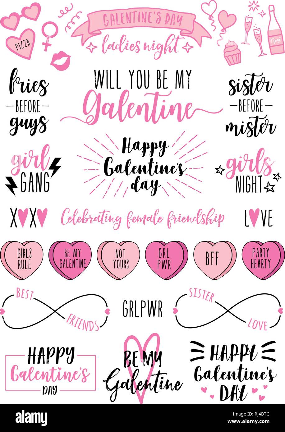 Galentine's day photo sovrapposizioni, giornata della donna carte, scarabocchi femminista, scritte, stampabile, set di vettore di elementi di design Illustrazione Vettoriale