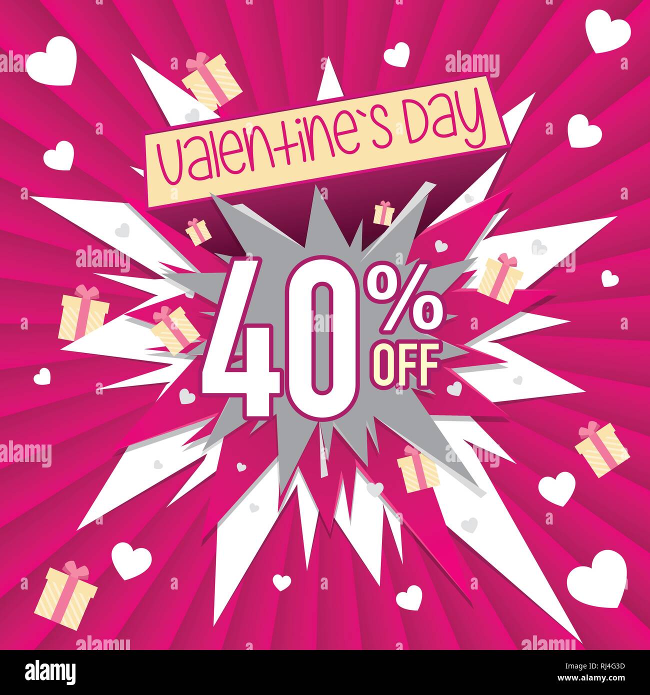Banner promozionale del 40% di sconto per il giorno di San Valentino. Lettere bianche su sfondo rosa con cuori. Immagine vettoriale Illustrazione Vettoriale