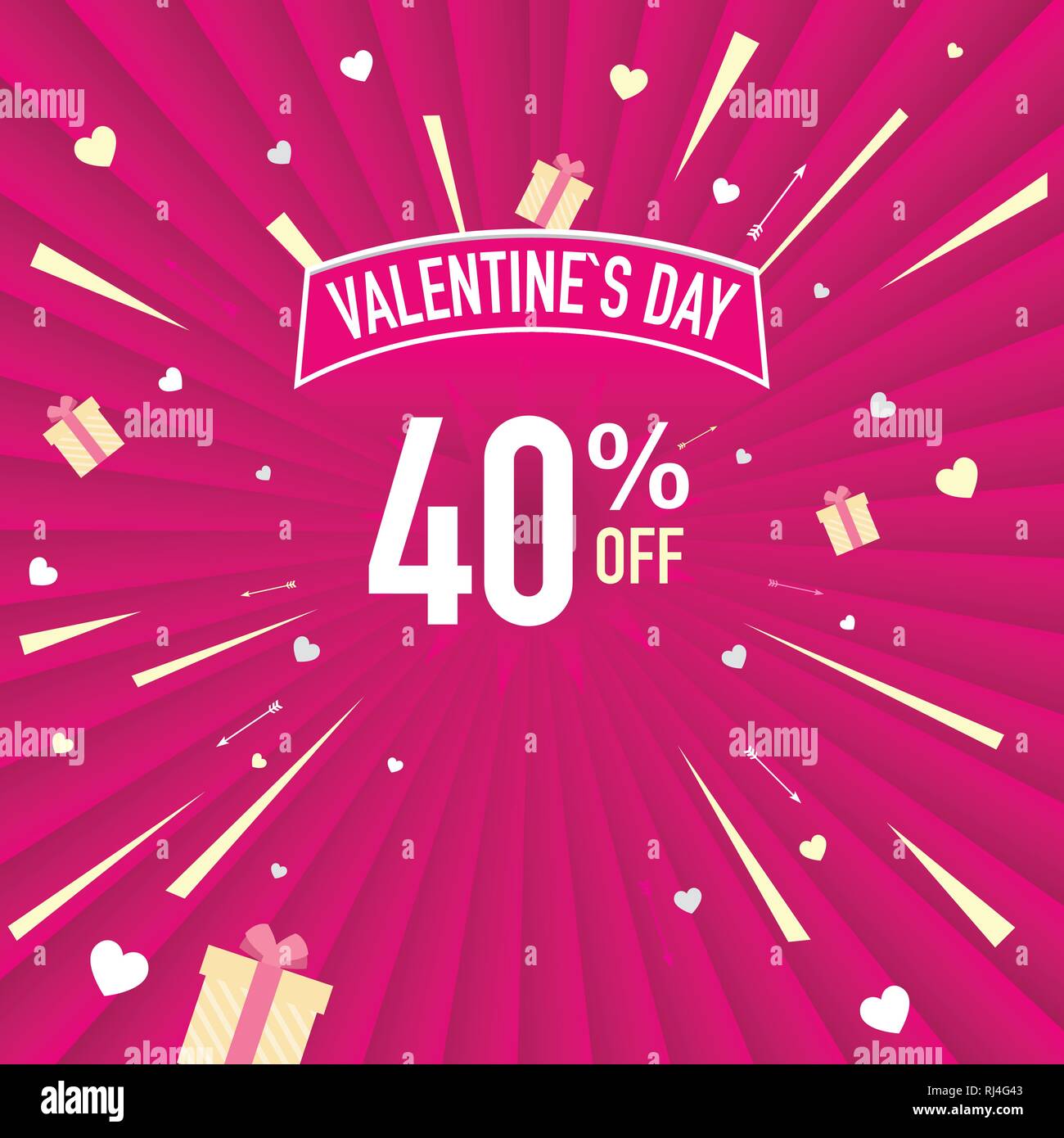 Banner promozionale del 40% di sconto per il giorno di San Valentino. Lettere bianche su sfondo rosa con cuori. Immagine vettoriale Illustrazione Vettoriale