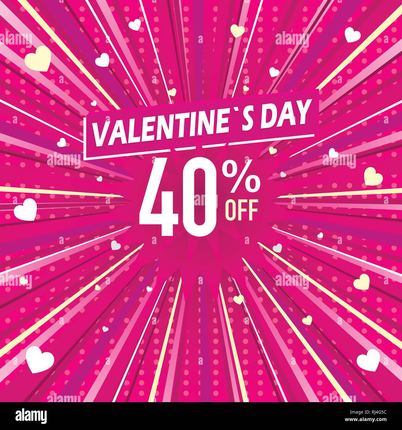 Banner promozionale del 40% di sconto per il giorno di San Valentino. Lettere bianche su sfondo rosa con cuori. Immagine vettoriale Illustrazione Vettoriale