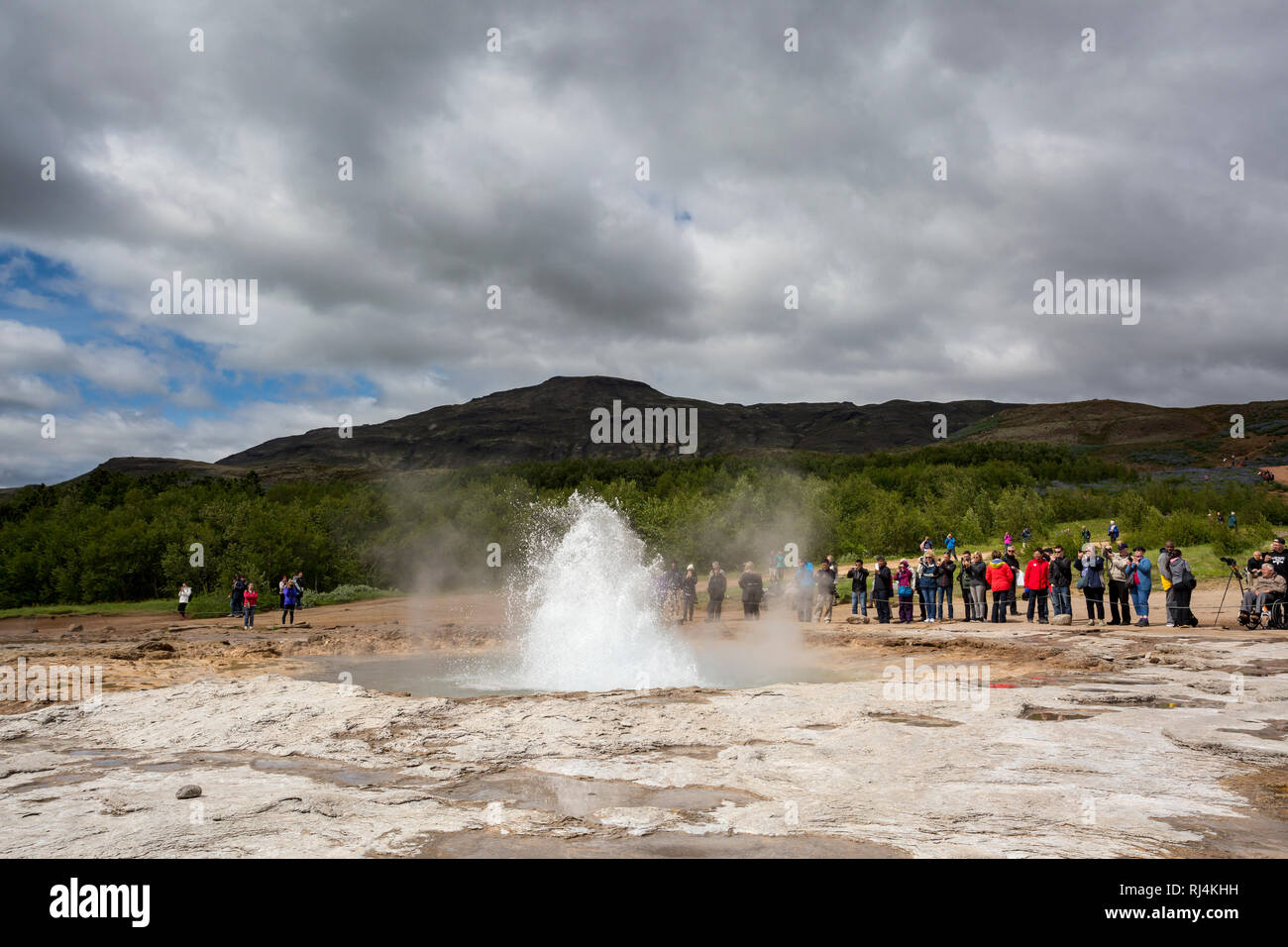 Strokkur Geysir primavera calda Area, sgorga acqua 30 metri (100 ft), a sud-ovest dell'Islanda, Golden Circle Tour, inizio di eruzione Foto Stock