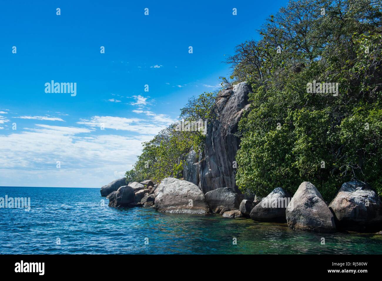 Affioramenti granitici sul Mumbo Island, Cape Maclear, il Lago Malawi Malawi Foto Stock