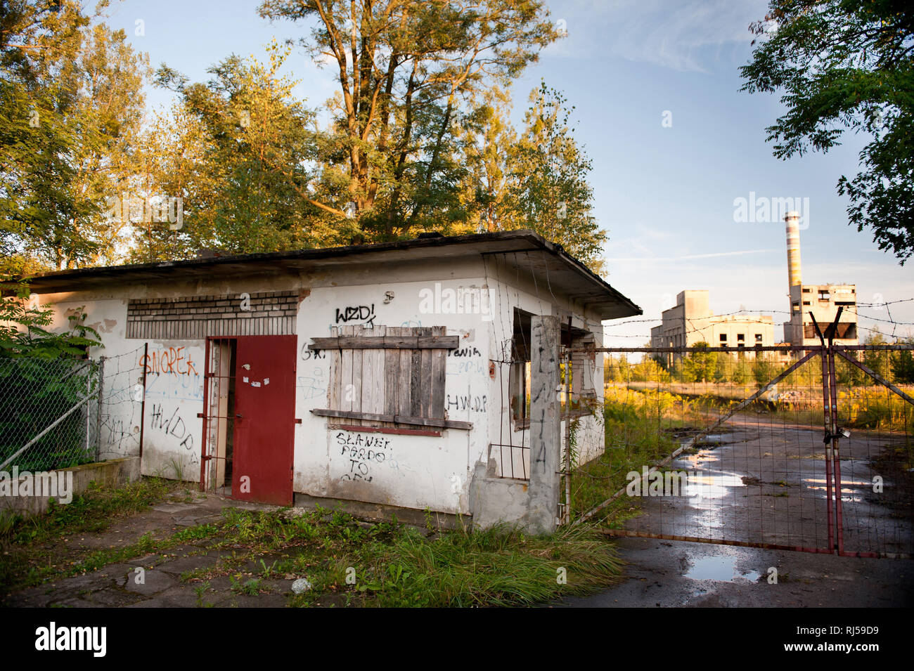 Fabbrica ZPPiW reception rovine, lucchetto bloccato del filo spinato in fibra vegetale e scheda pannello di particelle in fabbrica, Zaklad polacco Plyt Pilsniowych ho Wior Foto Stock