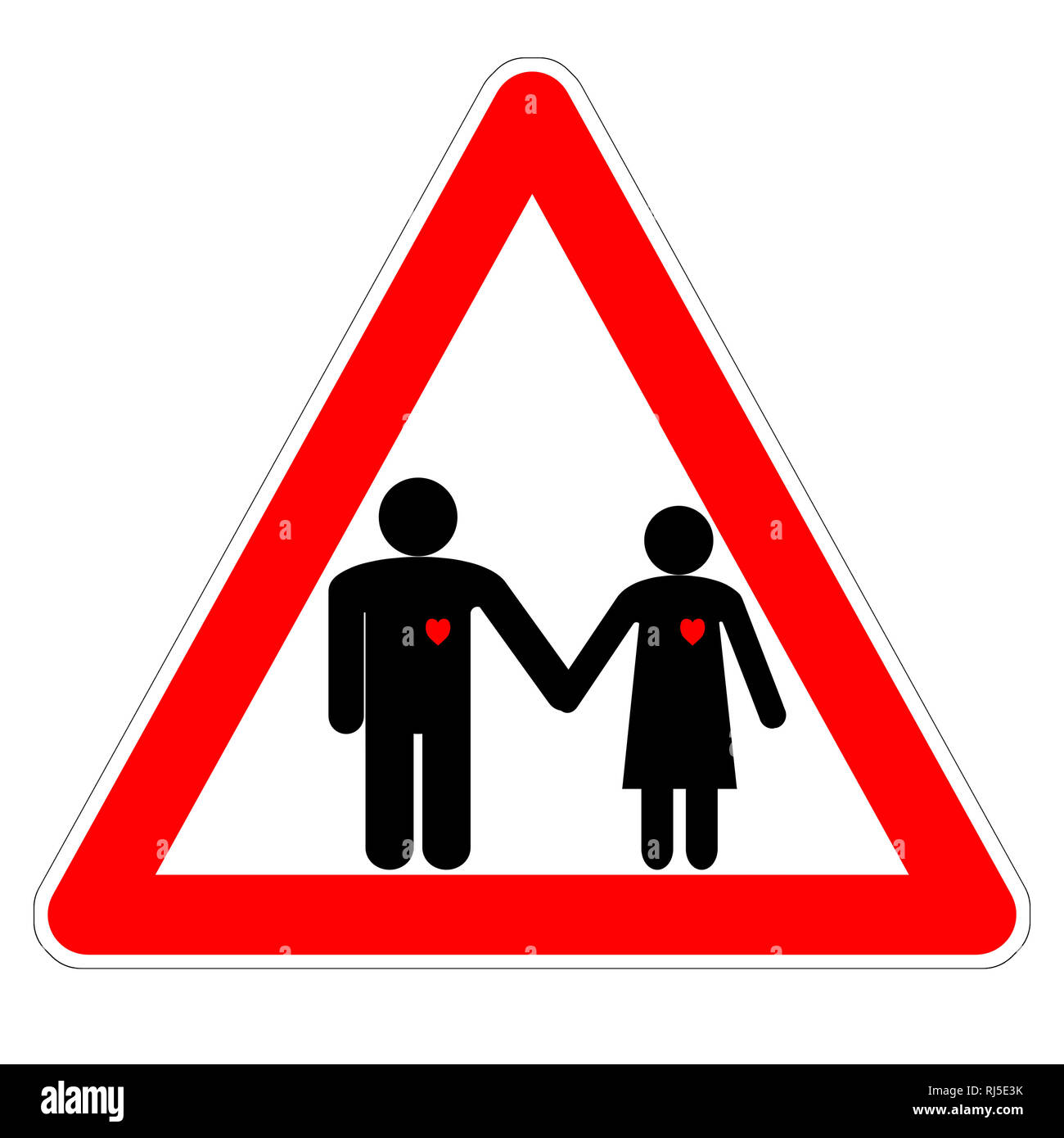 Illustrazione del segno triangolare "Attenzione, amante!" il giorno di San Valentino, il nero le figure di un uomo e di una donna che si tengono per mano con cuori rossi Foto Stock