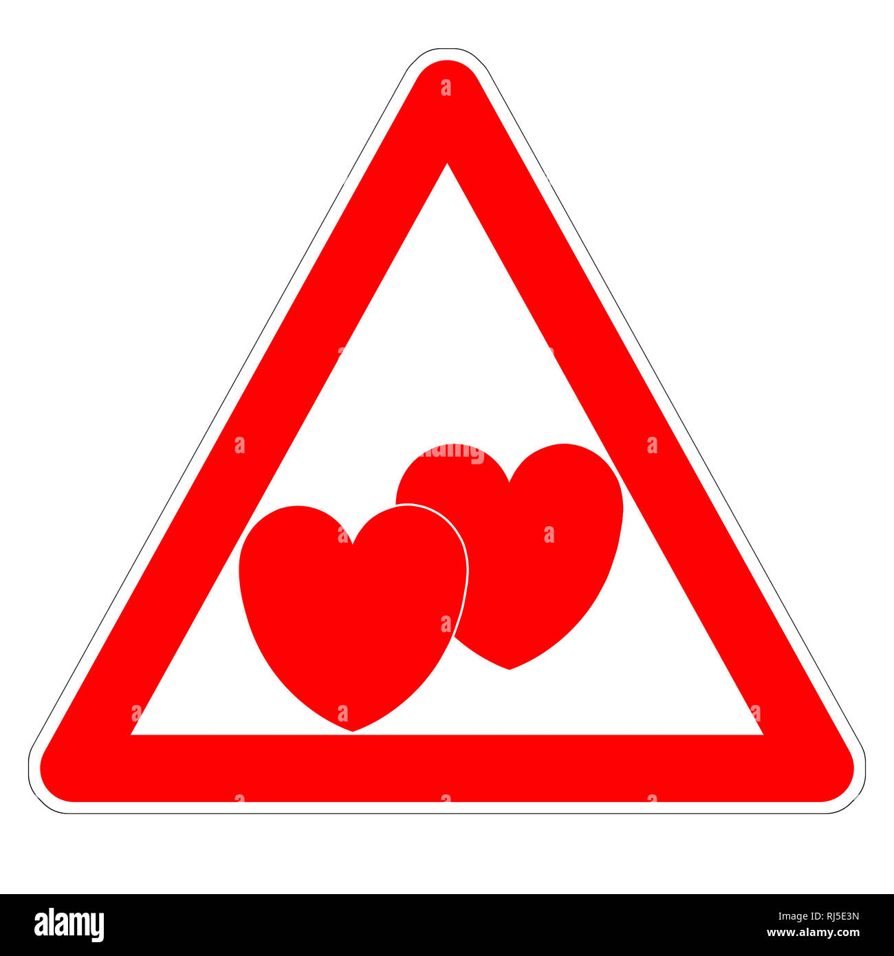Illustrazione del segno triangolare "Attenzione, amante!" il giorno di San Valentino due cuori rossi Foto Stock