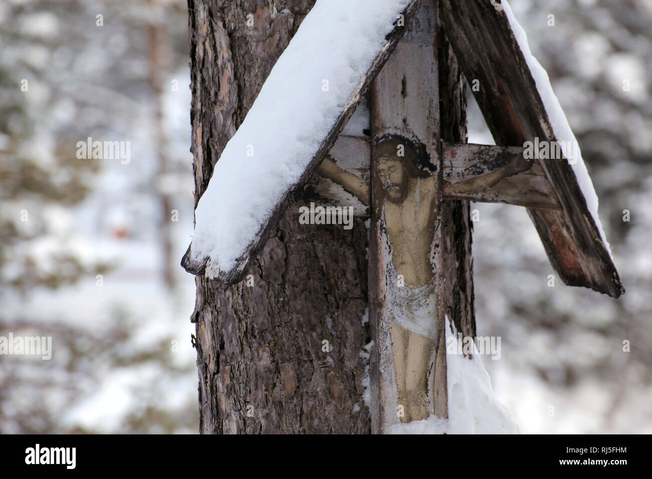 Altes Marterl am Baumstamm Foto Stock