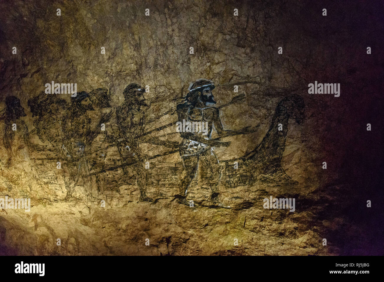 Höhlenzeichnungen in der Prometeo Höhle bei Kutaissi. Roadtrip durch Georgien im Oktober 2016. Foto Stock