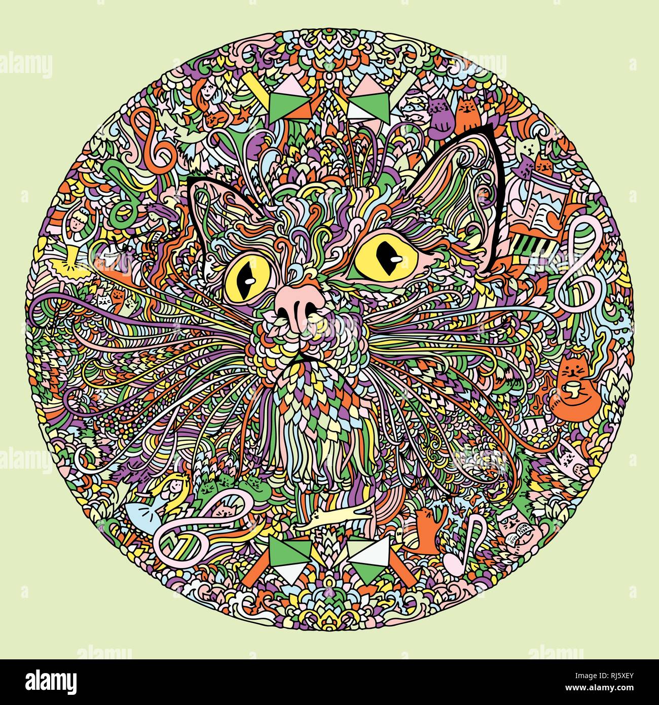 Round colorato mandala pattern con gatti. Illustrazione Vettoriale