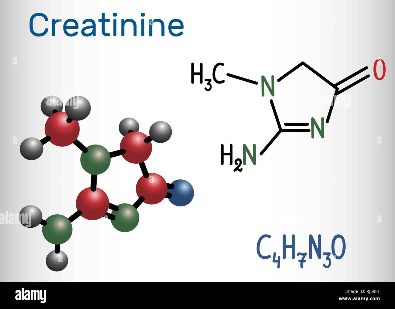 Molecola di creatinina. Formula chimica di struttura e la molecola modello. Illustrazione Vettoriale Illustrazione Vettoriale