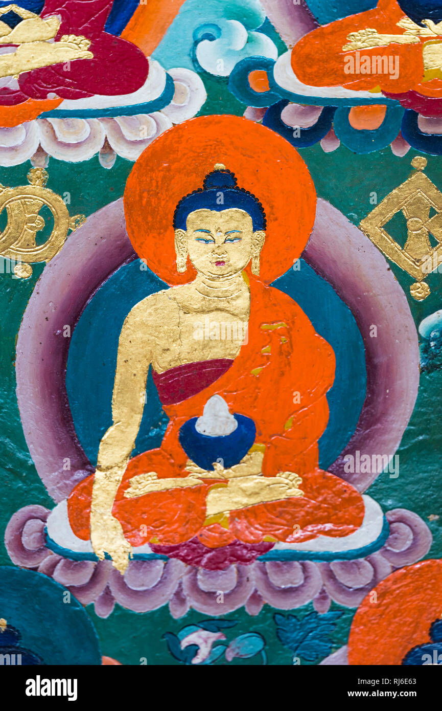 Il Tibet, Shigatse, Wandmalerei im Tashilhunpo Kloster Foto Stock