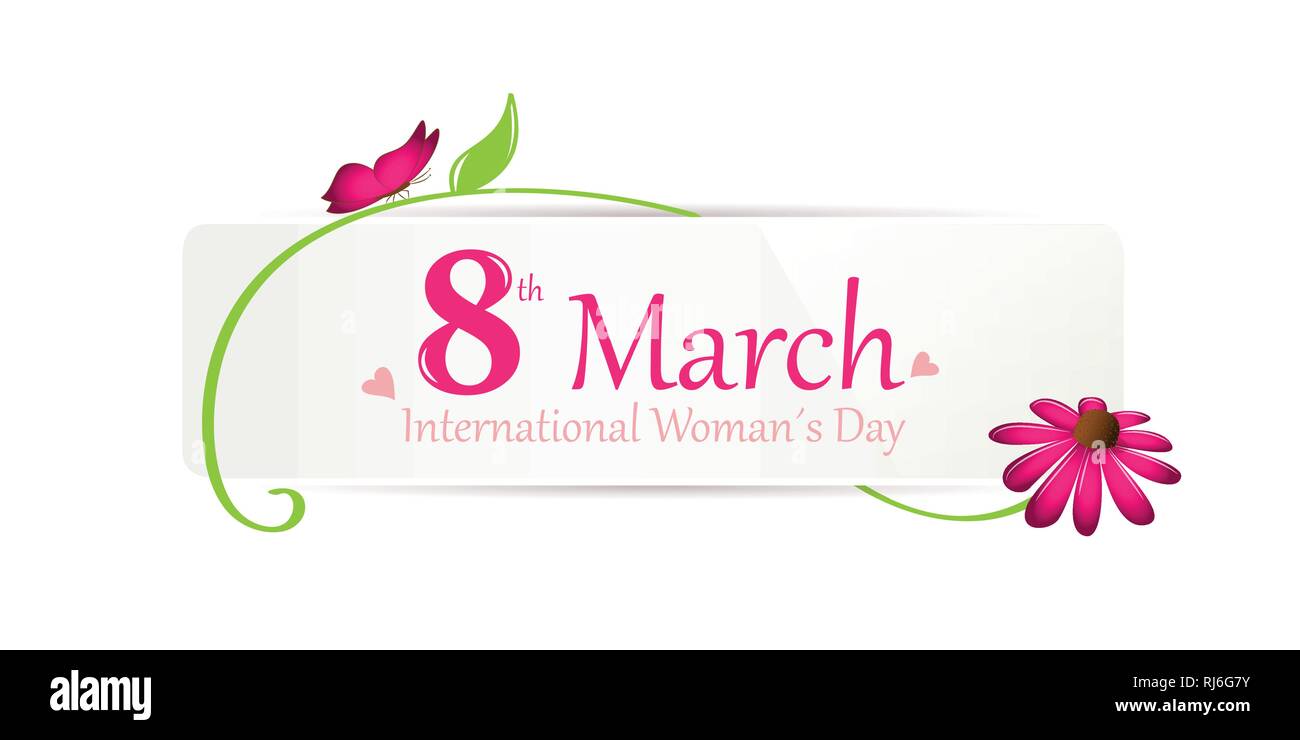 International womans giorno del 8 marzo etichetta bianca con farfalla rosa e fiore illustrazione vettoriale EPS10 Illustrazione Vettoriale