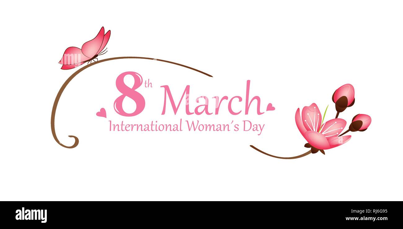 International womans giorno del 8 marzo pink butterfly e fiore di ciliegio illustrazione vettoriale EPS10 Illustrazione Vettoriale