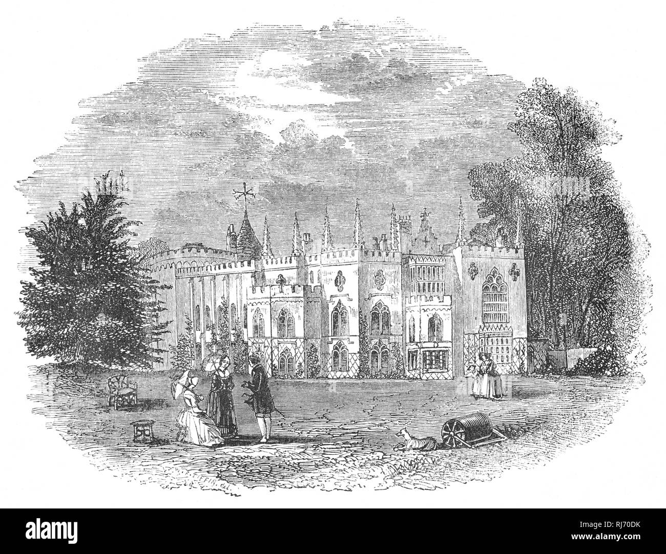 Strawberry Hill House costruito a Twickenham, a sud-ovest di Londra, ravvivare lo stile gotico alcuni decenni prima di Victorian successori. Fu costruito da Orazio Walpole, 4° Conte di Orford (1717-1797), noto anche come Horace Walpole, il figlio del primo Primo Ministro britannico Sir Robert Walpole, fu uomo politico whig, storico dell'arte, uomo di lettere, antiquario e una scrittrice inglese la cui fama letteraria si appoggia sul primo romanzo gotico, il castello di Otranto (1764), e le sue lettere, che sono dei vantaggi sociali e interessi politici. Foto Stock