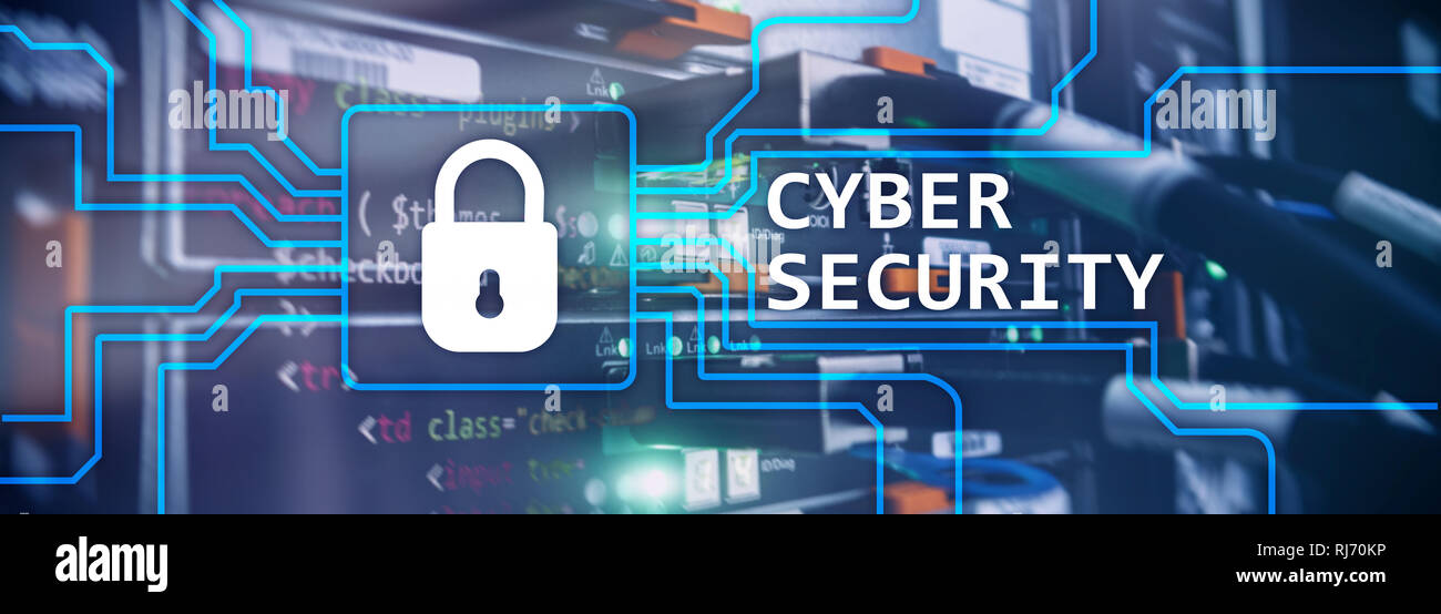 Cyber security, informazioni privacy e protezione dei dati concetto sulla sala server sullo sfondo Foto Stock