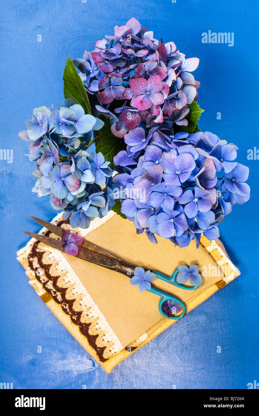 Blumenarrangement mit Hortensie Foto Stock