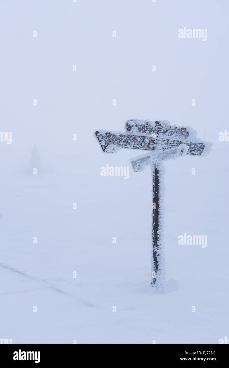 Eingefrorenes Schild, Brocken, Harz, Schierke, Deutschland Foto Stock