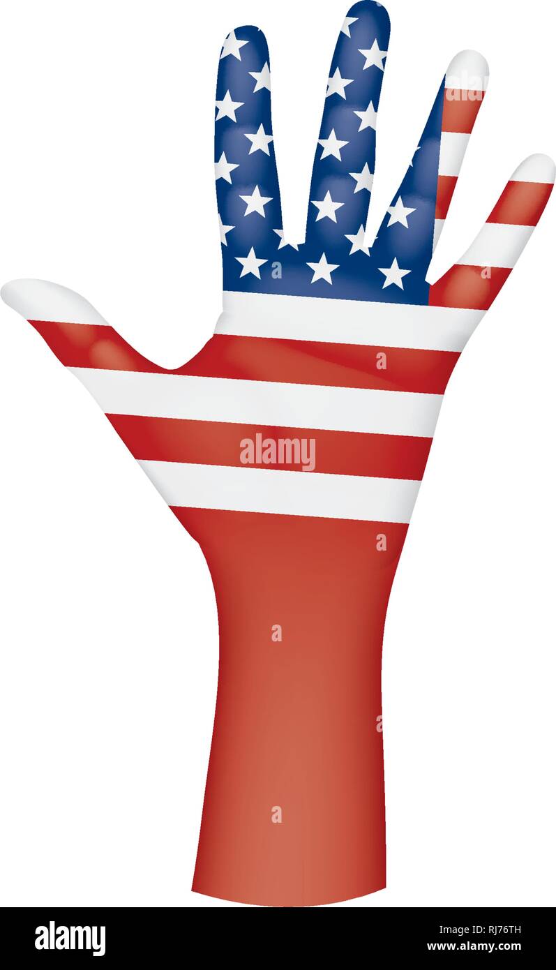 Bandiera degli Stati Uniti e la mano su sfondo bianco. Illustrazione Vettoriale Illustrazione Vettoriale