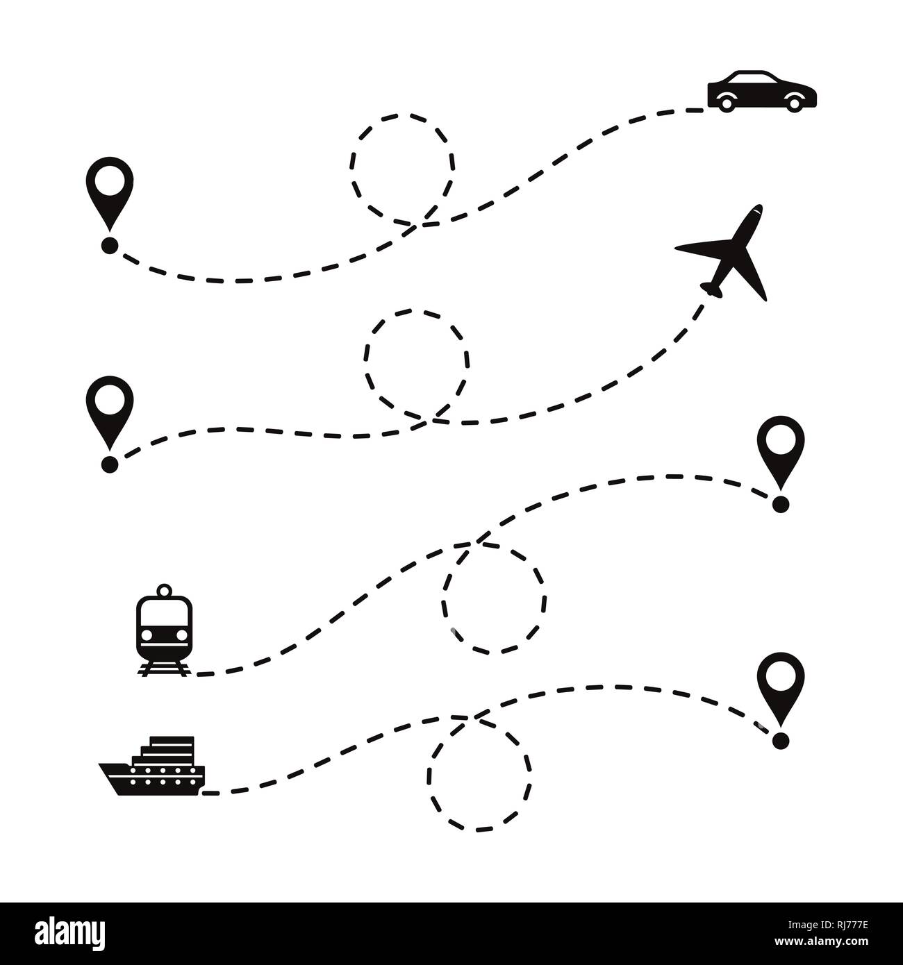 Itinerari di viaggio trasporti diversi. Insieme di Percorsi tratteggiata su uno sfondo bianco. Illustrazione Vettoriale