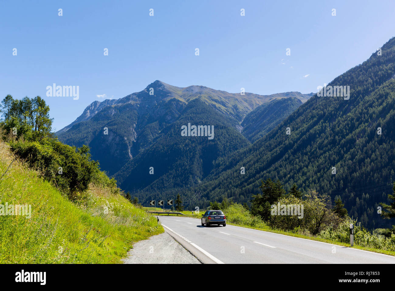 Untwerwegs auf der Nationalstraße 27, Inntal, Schweizer Nationalpark Engadin, Kanton Graubünden, Schweiz Foto Stock