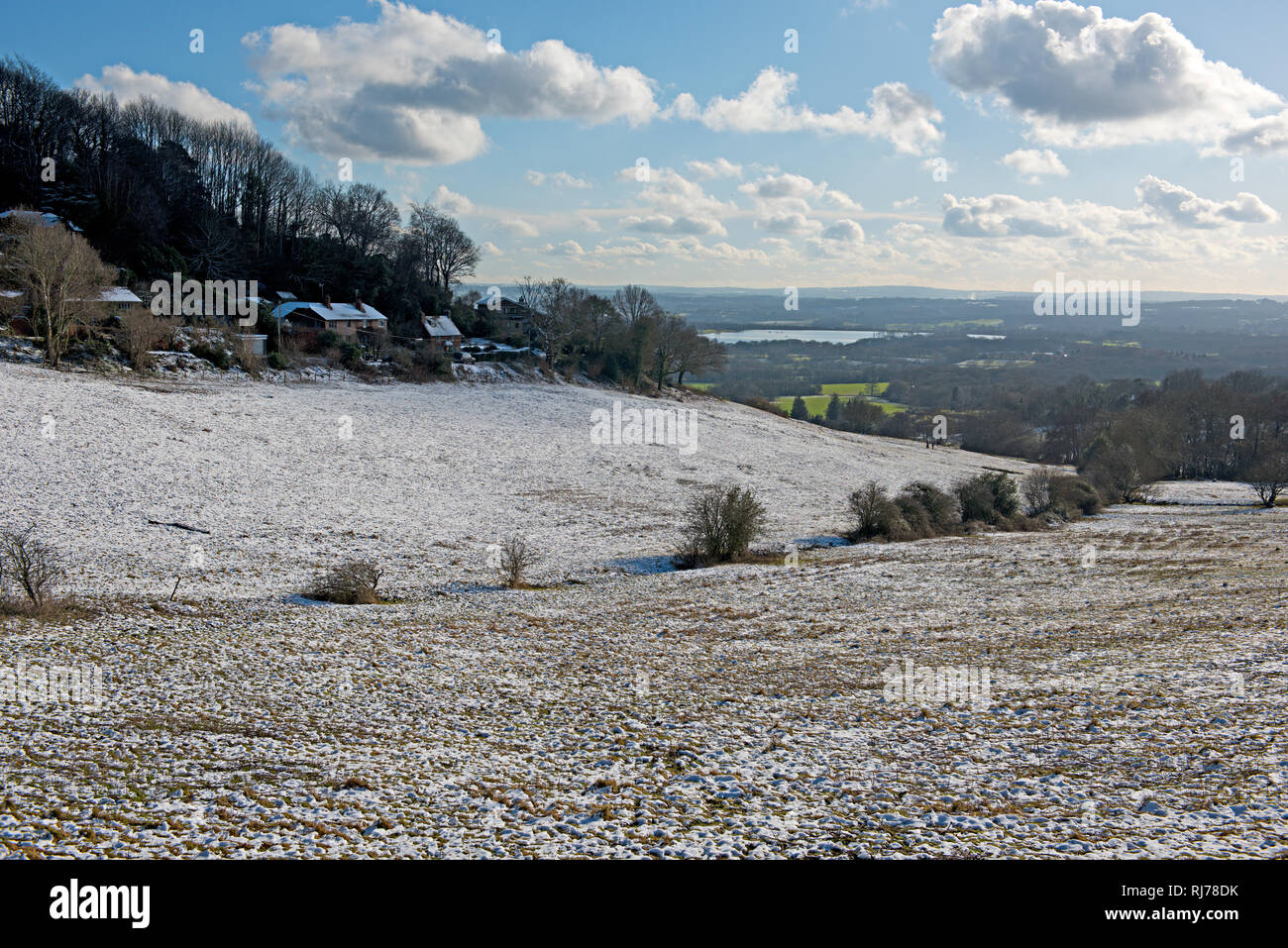 Deboli nevicate in Kent, Regno Unito guardando verso la Fronda serbatoio di faggio da Ide Collina Paese Foto Stock Deboli nevicate in Kent, Regno Unito guardando verso la Fronda serbatoio di faggio da Ide Collina Paese Foto Stock