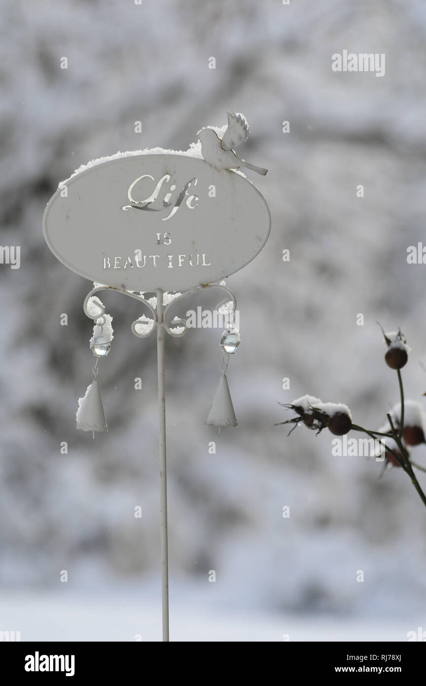 Gartendeko-Stecker mit Vogel und Schriftzug "La vita è bella" im Winter, Schnee, Close-up Foto Stock