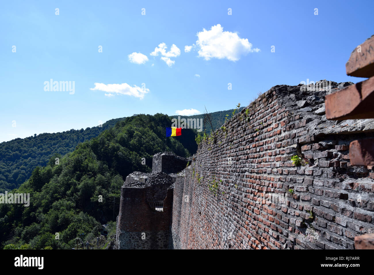 Bandiera rumena sventolare nel vento presso la rovina del castello di Poenari. La Romania bandiera nazionale. Foto Stock